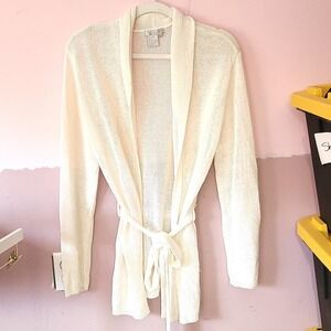 II Sisters Cream Open Knit Wrap Cardigan Sweater Collar Belt Large Coast Grandma